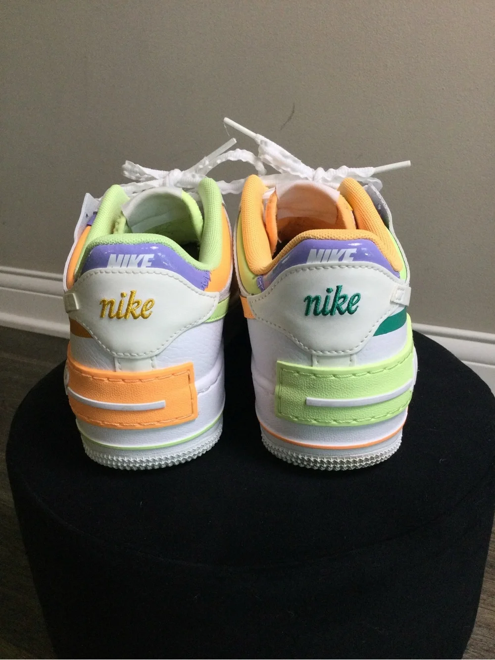 Nike Air Force One Shadow White Sneakers with Orange, Purple and Lime Accents